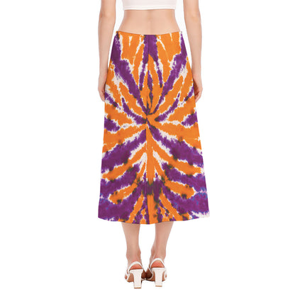 Purple And Orange Spider Tie Dye Print Side Slit Midi Skirt