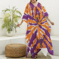 Purple And Orange Spider Tie Dye Print Silk V-Neck Kaftan Dress