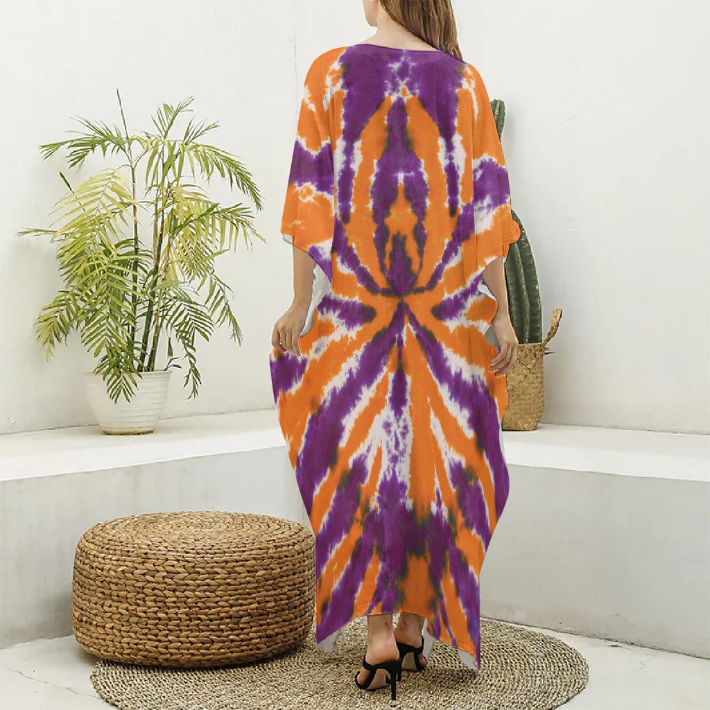 Purple And Orange Spider Tie Dye Print Silk V-Neck Kaftan Dress