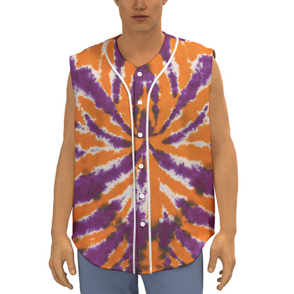 Purple And Orange Spider Tie Dye Print Sleeveless Baseball Jersey