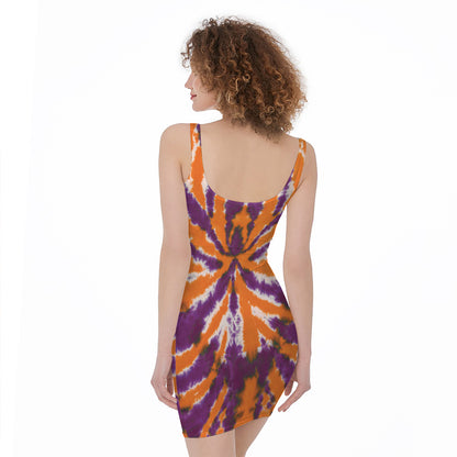 Purple And Orange Spider Tie Dye Print Sleeveless Bodycon Dress