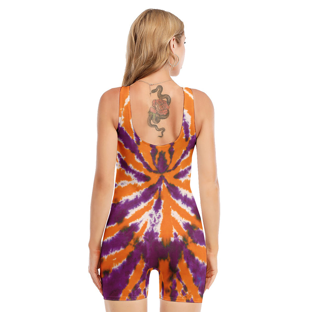 Purple And Orange Spider Tie Dye Print Sleeveless One Piece Swimsuit
