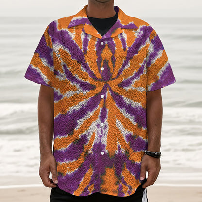 Purple And Orange Spider Tie Dye Print Textured Short Sleeve Shirt