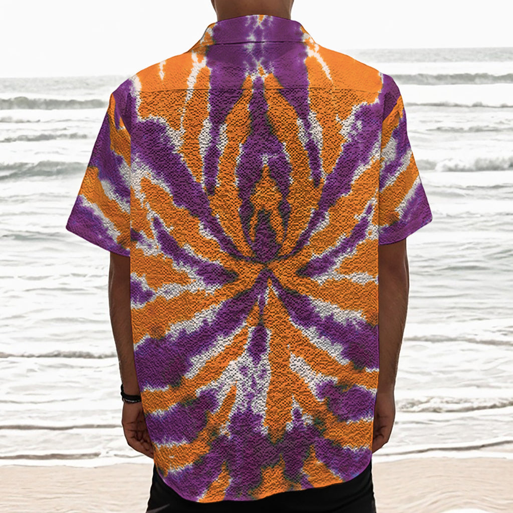 Purple And Orange Spider Tie Dye Print Textured Short Sleeve Shirt