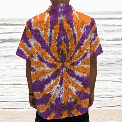 Purple And Orange Spider Tie Dye Print Textured Short Sleeve Shirt