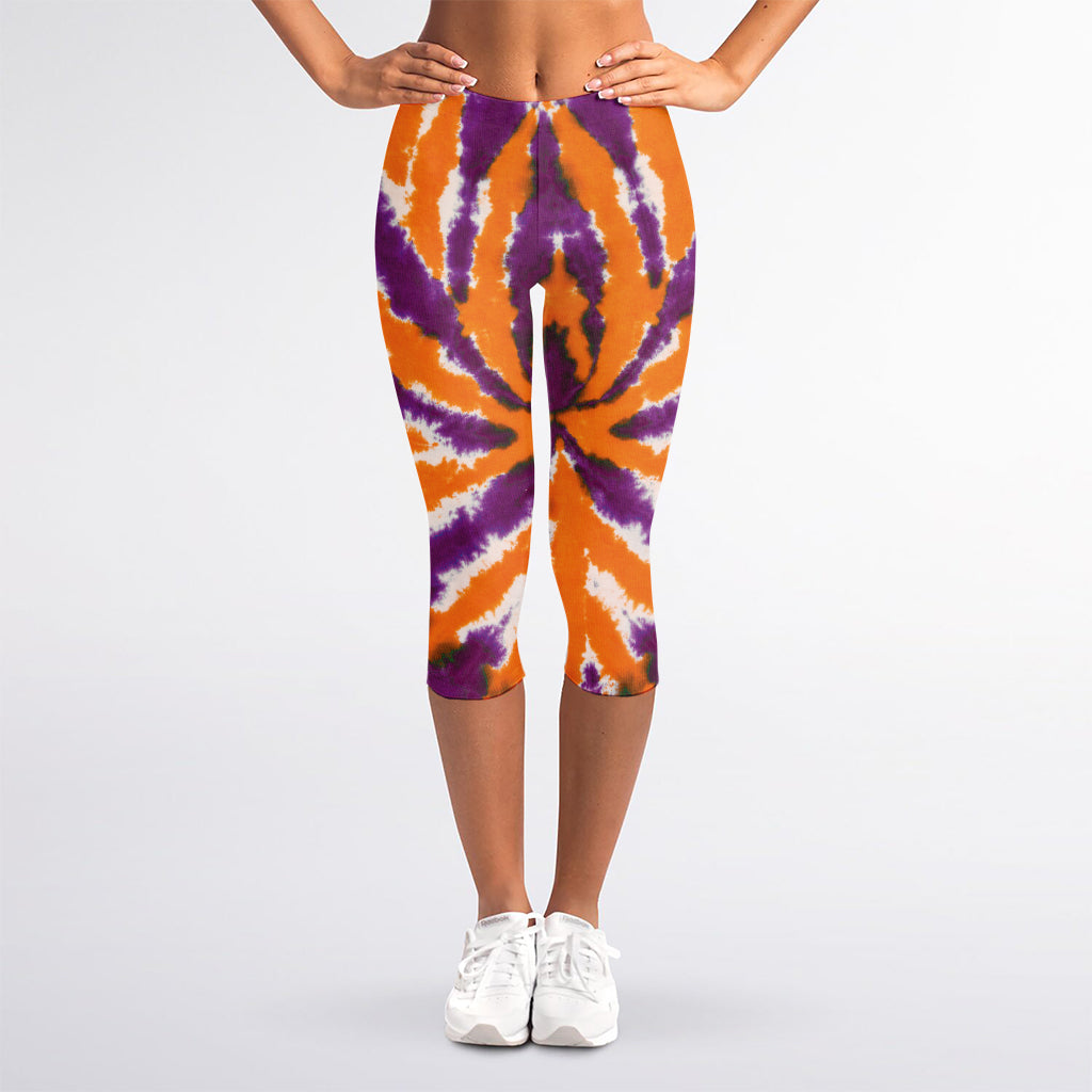 Purple And Orange Spider Tie Dye Print Women's Capri Leggings