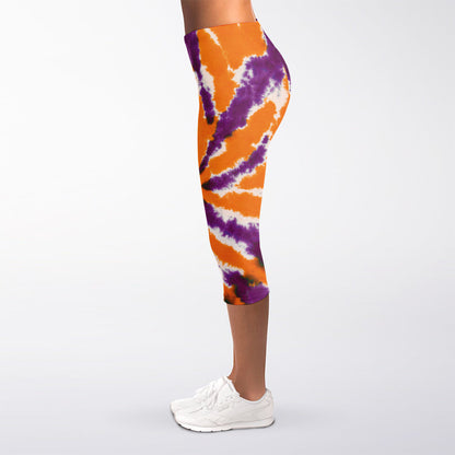 Purple And Orange Spider Tie Dye Print Women's Capri Leggings