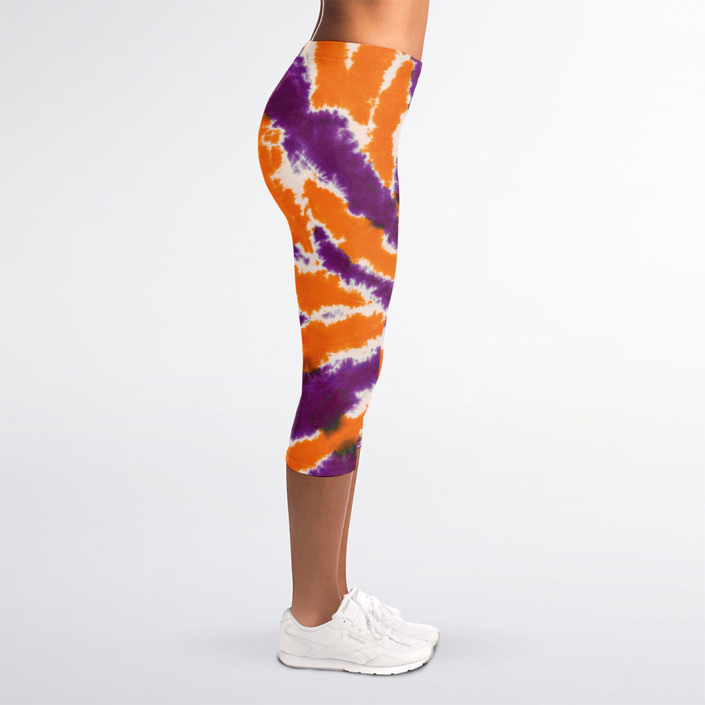 Purple And Orange Spider Tie Dye Print Women's Capri Leggings