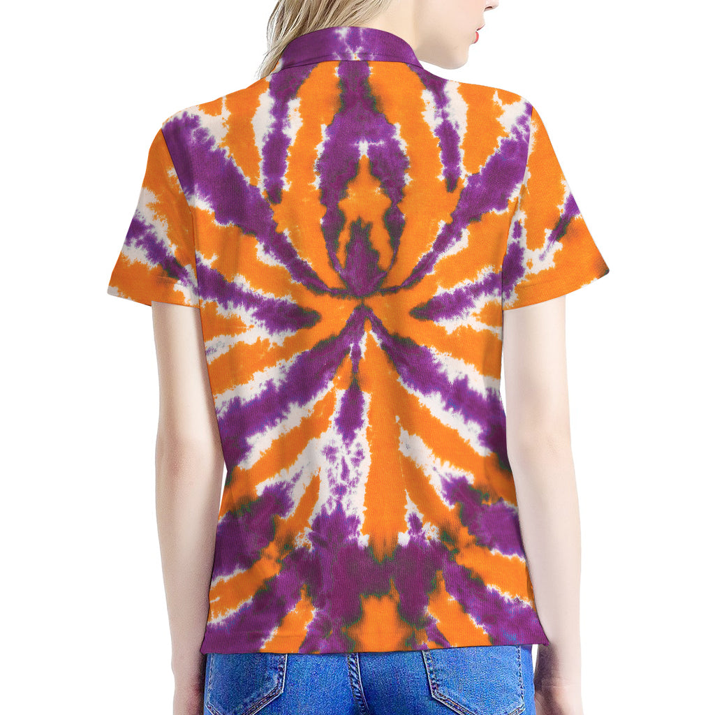 Purple And Orange Spider Tie Dye Print Women's Polo Shirt