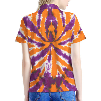 Purple And Orange Spider Tie Dye Print Women's Polo Shirt