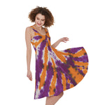 Purple And Orange Spider Tie Dye Print Women's Sleeveless Dress