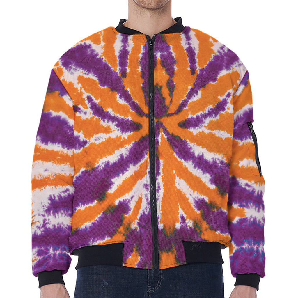 Purple And Orange Spider Tie Dye Print Zip Sleeve Bomber Jacket
