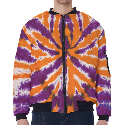 Purple And Orange Spider Tie Dye Print Zip Sleeve Bomber Jacket