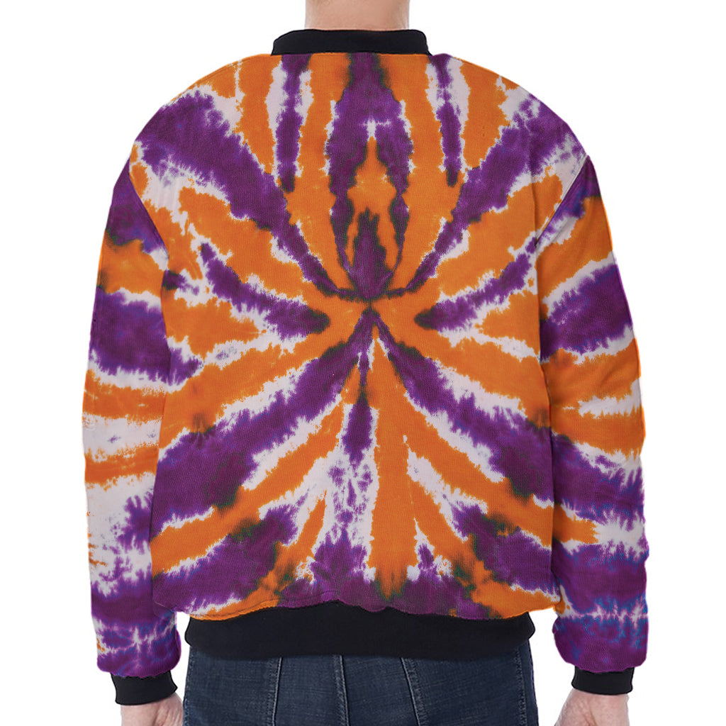 Purple And Orange Spider Tie Dye Print Zip Sleeve Bomber Jacket