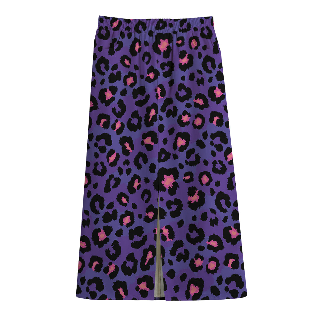 Purple And Pink Leopard Print Cotton Front Slit Maxi Skirt