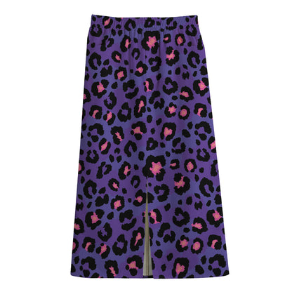 Purple And Pink Leopard Print Cotton Front Slit Maxi Skirt