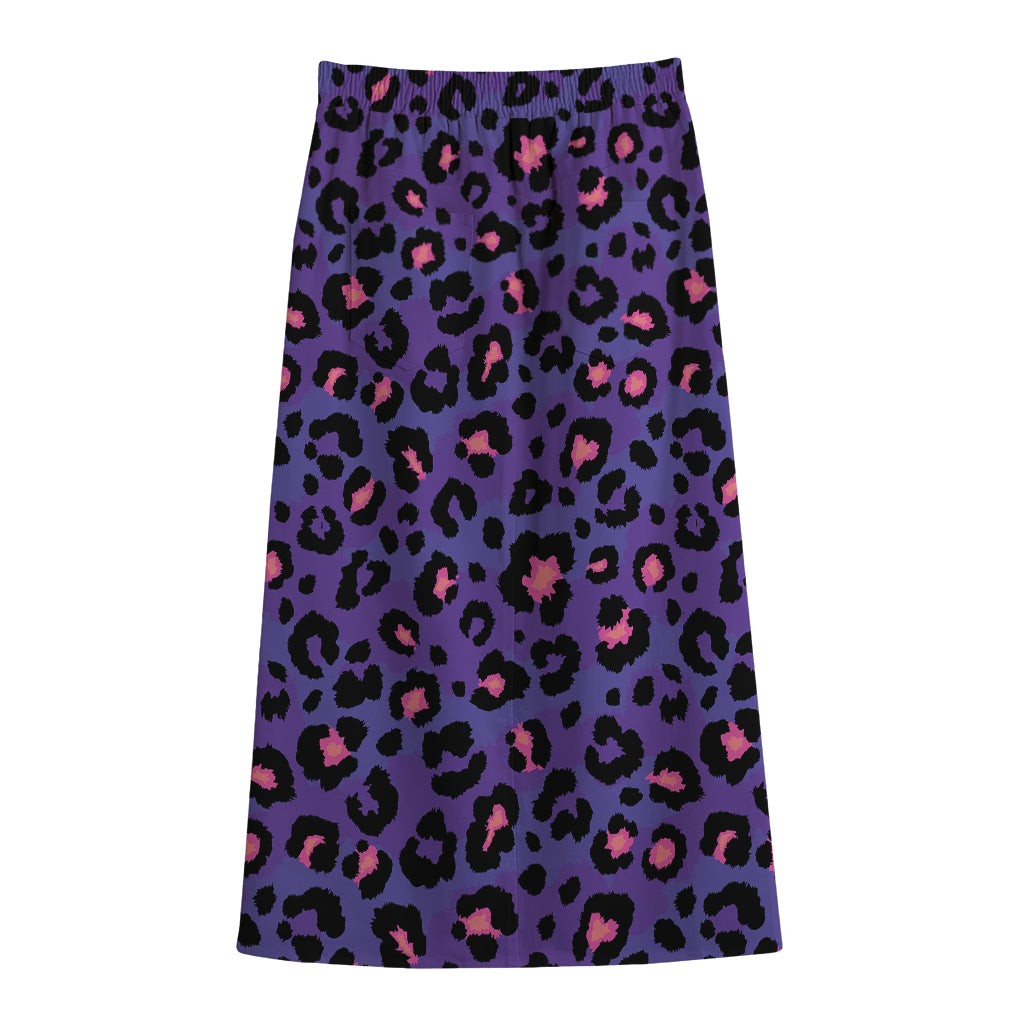 Purple And Pink Leopard Print Cotton Front Slit Maxi Skirt
