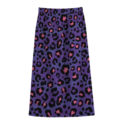 Purple And Pink Leopard Print Cotton Front Slit Maxi Skirt