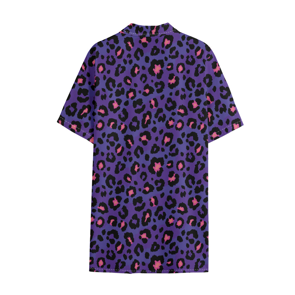 Purple And Pink Leopard Print Cotton Hawaiian Shirt