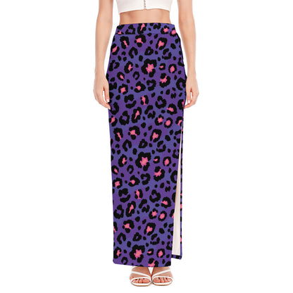 Purple And Pink Leopard Print High Slit Maxi Skirt