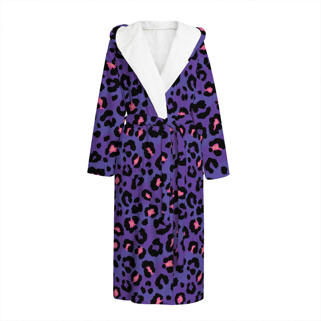 Purple And Pink Leopard Print Hooded Bathrobe
