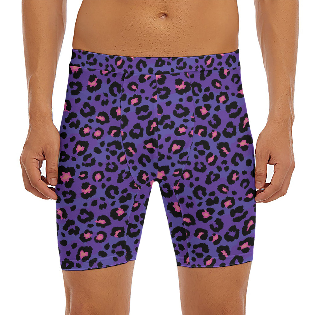 Purple And Pink Leopard Print Men's Long Boxer Briefs