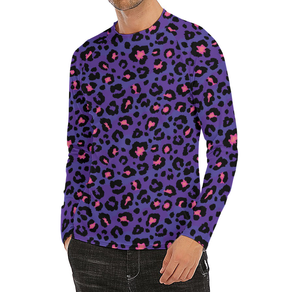 Purple And Pink Leopard Print Men's Long Sleeve Rash Guard