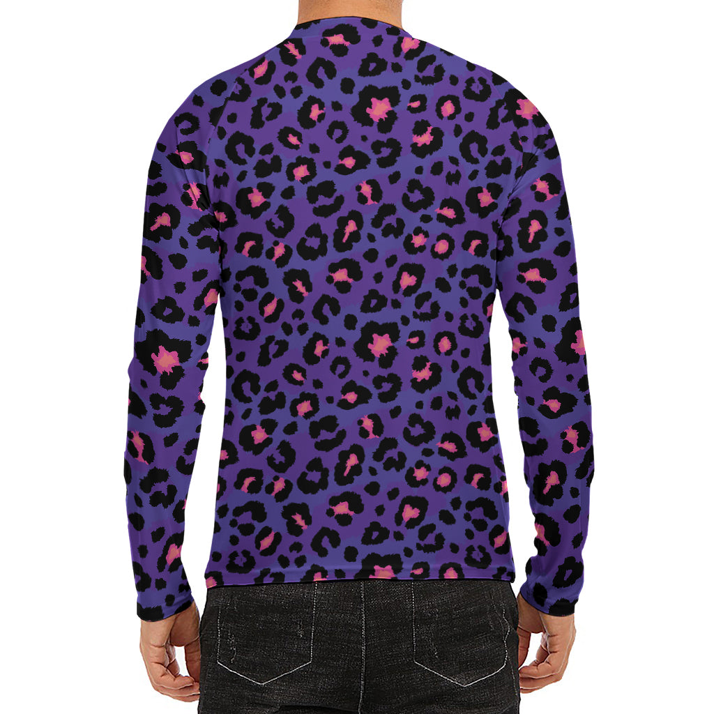 Purple And Pink Leopard Print Men's Long Sleeve Rash Guard