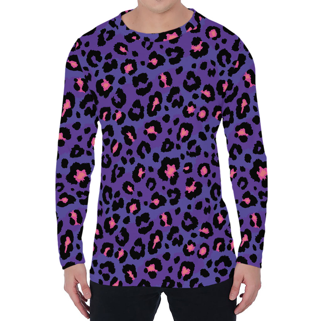 Purple And Pink Leopard Print Men's Long Sleeve T-Shirt
