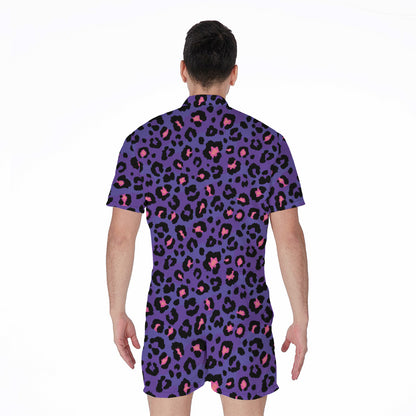Purple And Pink Leopard Print Men's Rompers