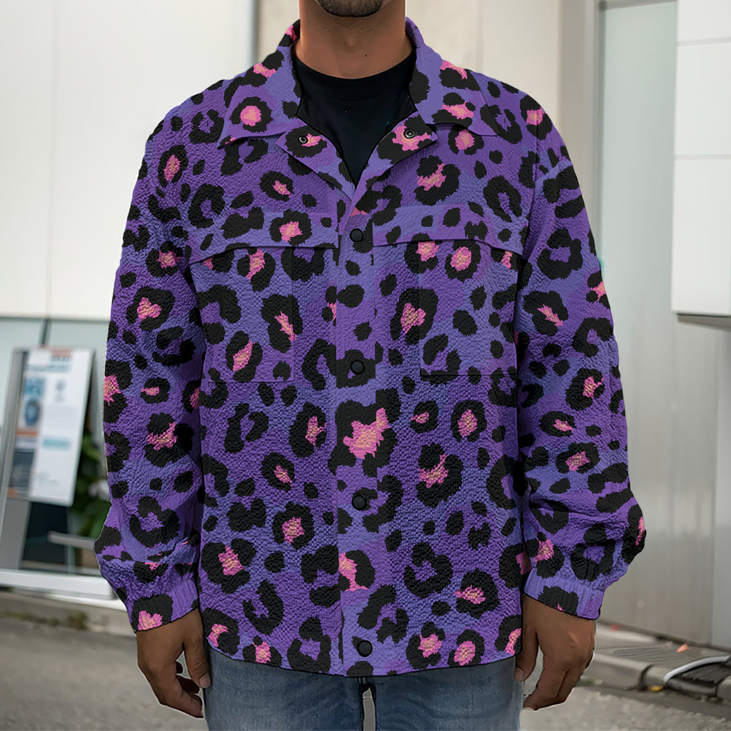 Purple And Pink Leopard Print Men's Shirt Jacket