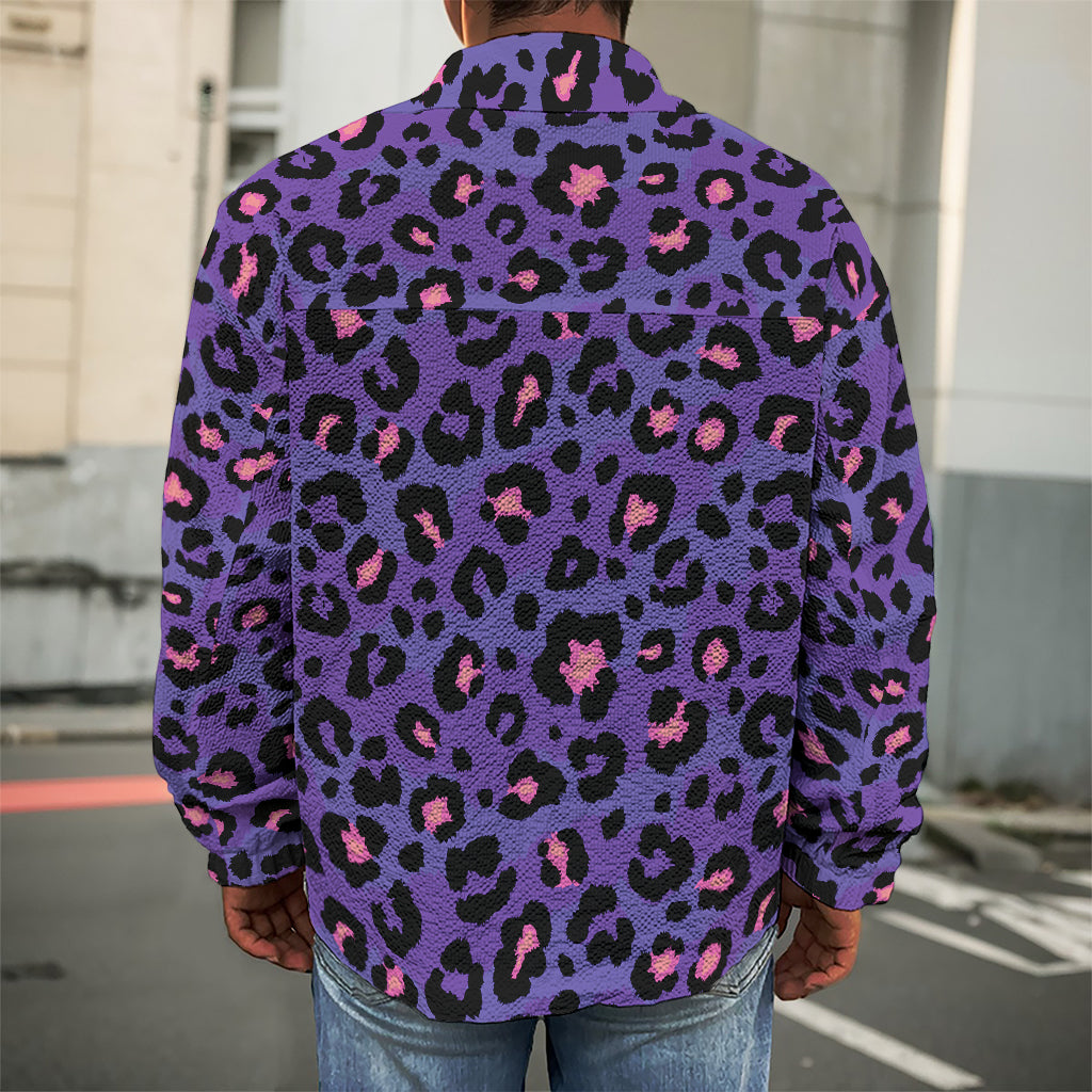 Purple And Pink Leopard Print Men's Shirt Jacket