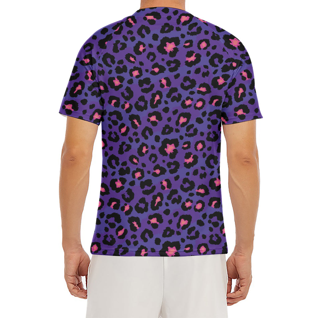 Purple And Pink Leopard Print Men's Short Sleeve Rash Guard