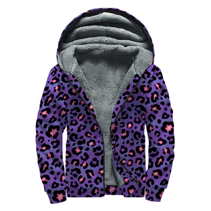 Purple And Pink Leopard Print Sherpa Lined Zip Up Hoodie