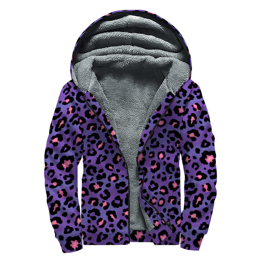 Purple And Pink Leopard Print Sherpa Lined Zip Up Hoodie