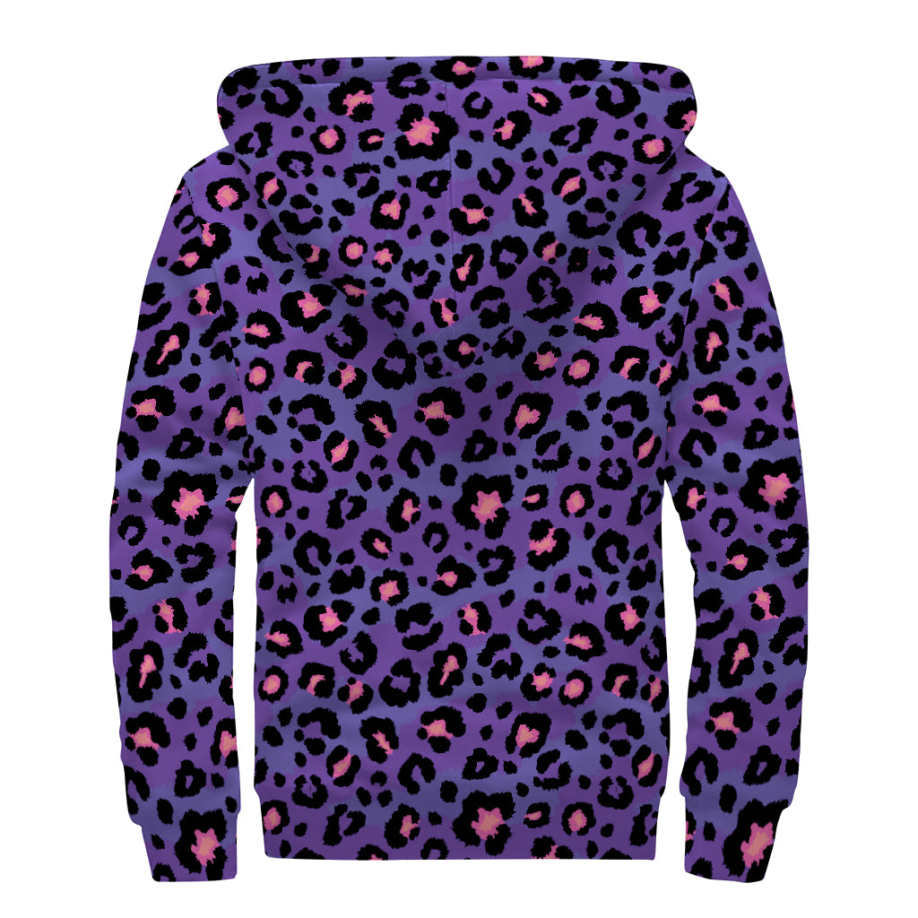 Purple And Pink Leopard Print Sherpa Lined Zip Up Hoodie