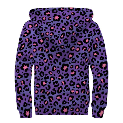 Purple And Pink Leopard Print Sherpa Lined Zip Up Hoodie