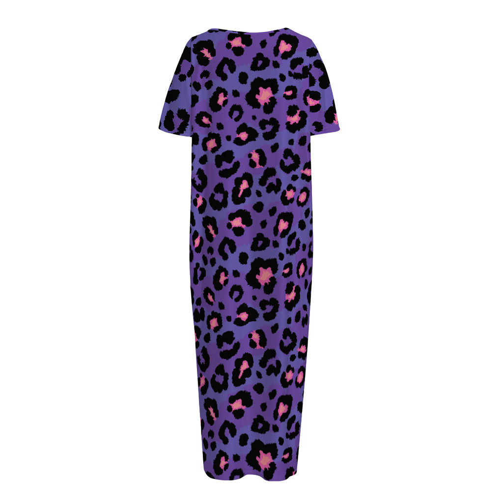 Purple And Pink Leopard Print Short Sleeve Long Nightdress