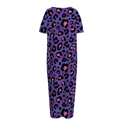Purple And Pink Leopard Print Short Sleeve Long Nightdress