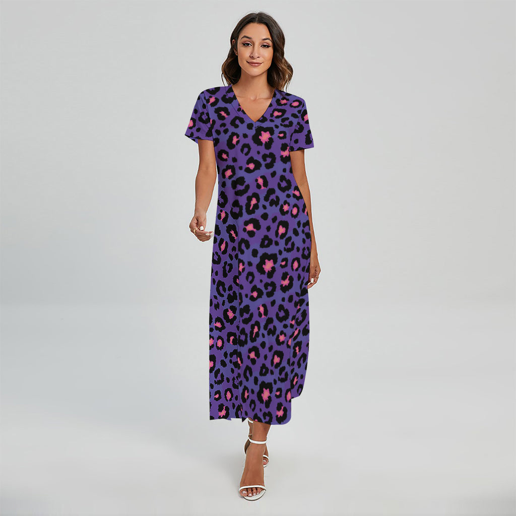 Purple And Pink Leopard Print Short Sleeve Maxi Dress