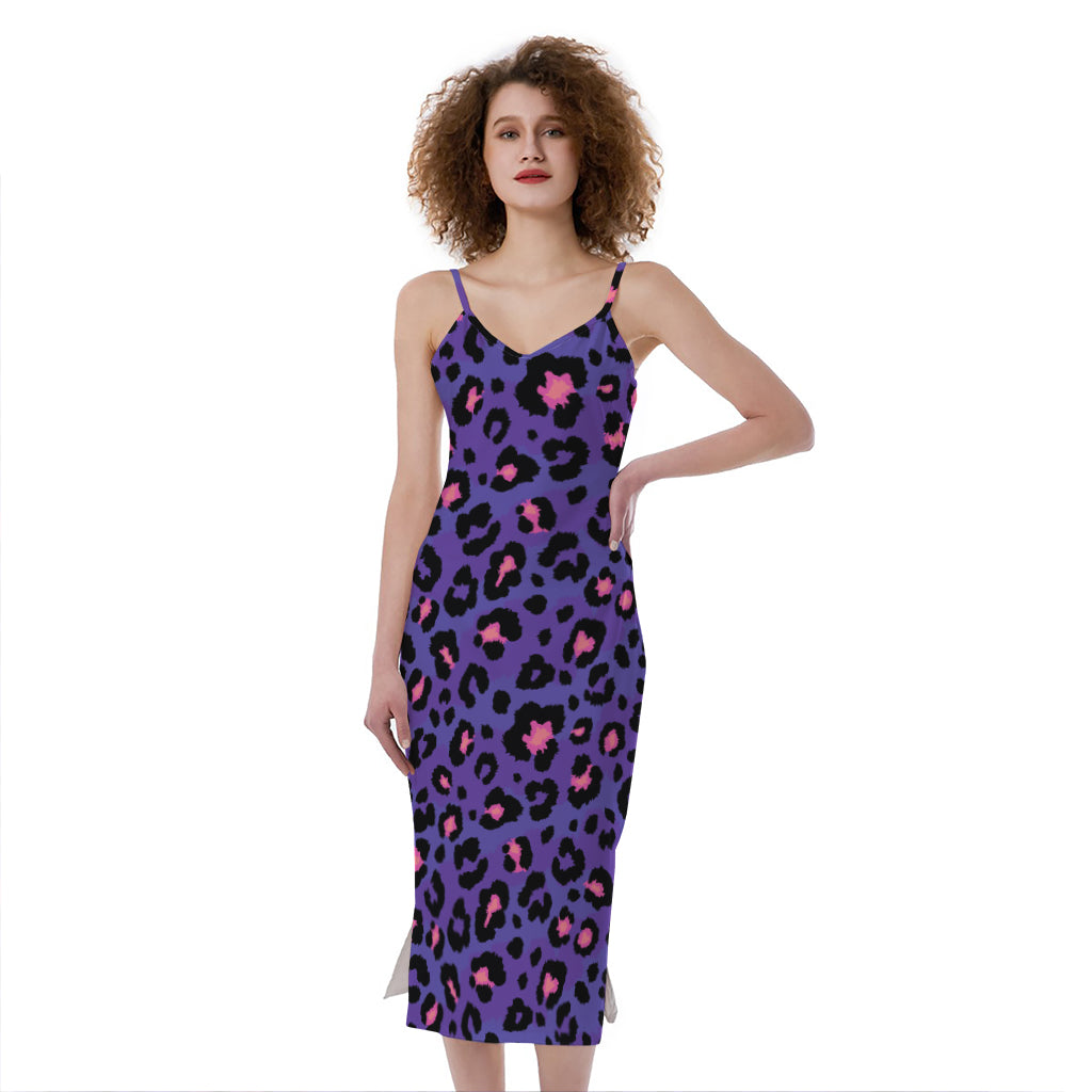 Purple And Pink Leopard Print Slim Fit Midi Cami Dress