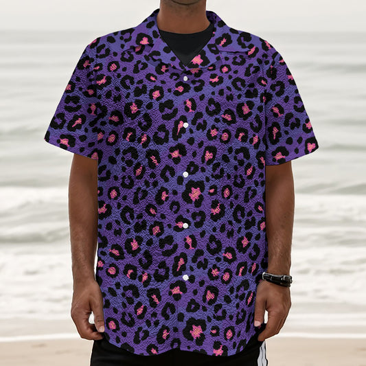 Purple And Pink Leopard Print Textured Short Sleeve Shirt