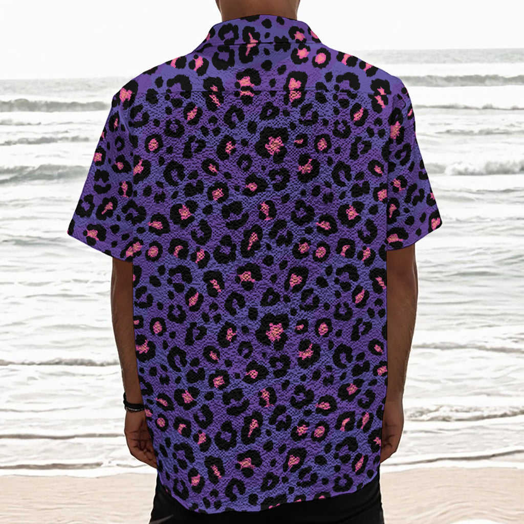 Purple And Pink Leopard Print Textured Short Sleeve Shirt