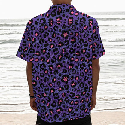 Purple And Pink Leopard Print Textured Short Sleeve Shirt