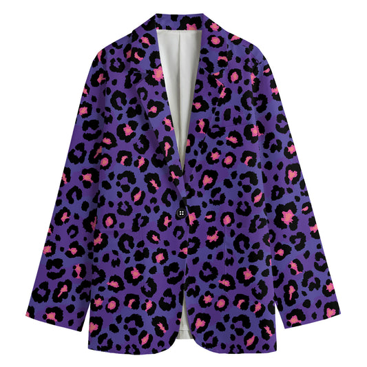 Purple And Pink Leopard Print Women's Cotton Blazer