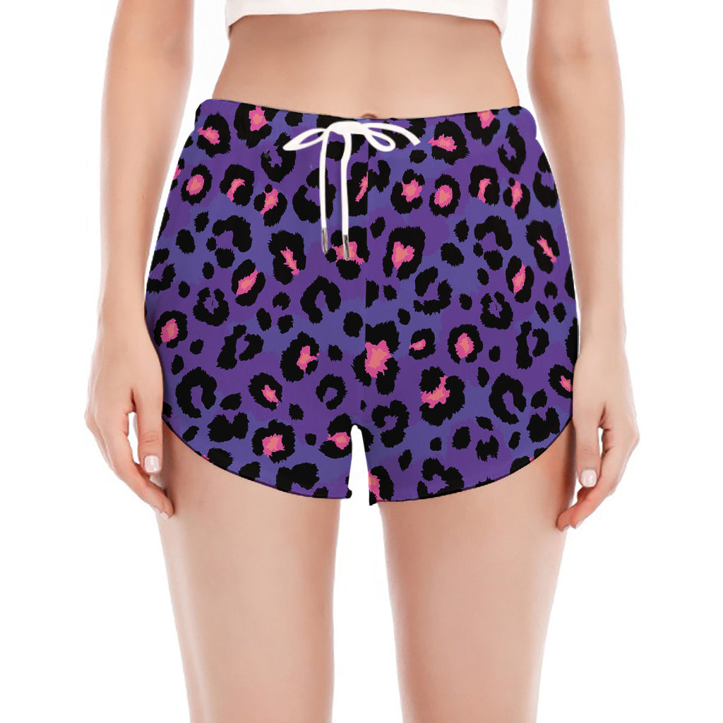 Purple And Pink Leopard Print Women's Split Running Shorts
