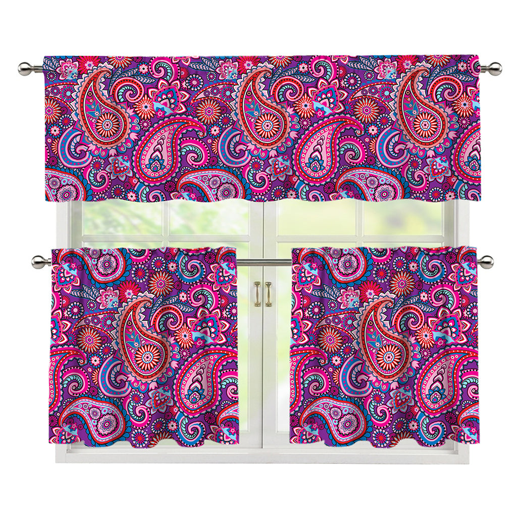Purple And Pink Paisley Pattern Print 3 Piece Kitchen Curtains