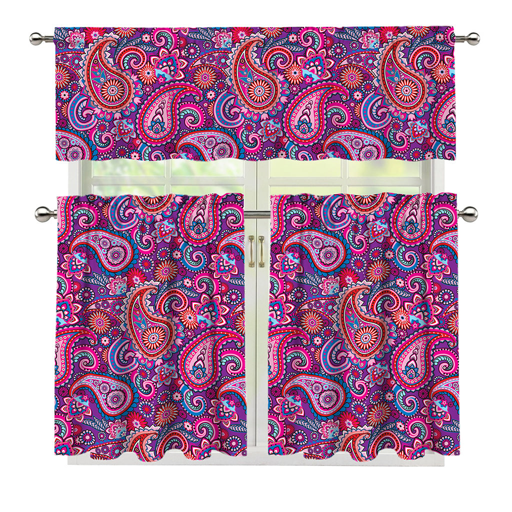 Purple And Pink Paisley Pattern Print 3 Piece Kitchen Curtains