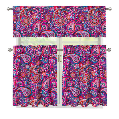 Purple And Pink Paisley Pattern Print 3 Piece Kitchen Curtains