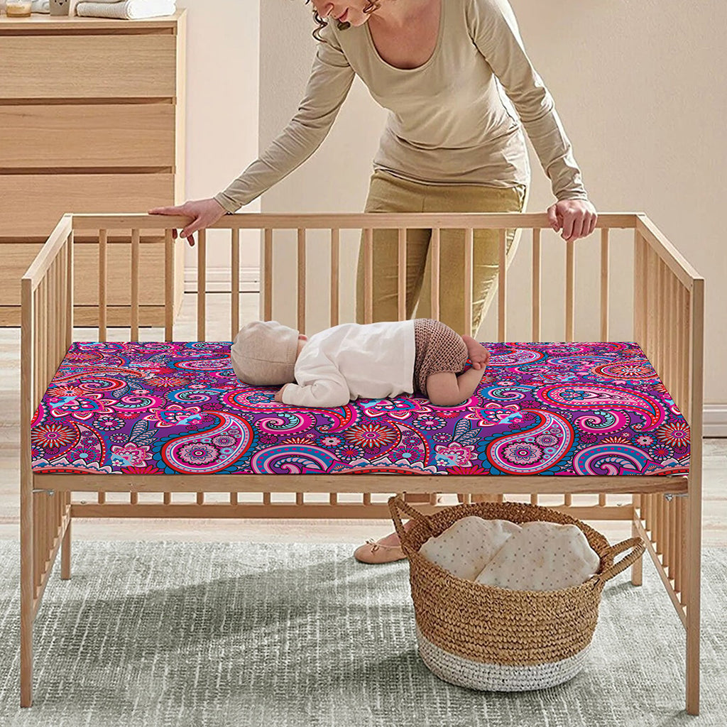 Purple And Pink Paisley Pattern Print Baby Crib Sheet
